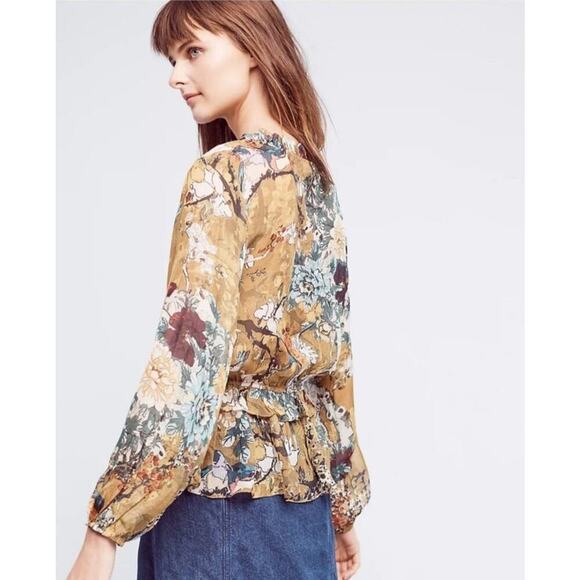 Hemant & Nandita Blouse Keystone Silk Peplum Ruffle Size Small - Picture 2 of 8